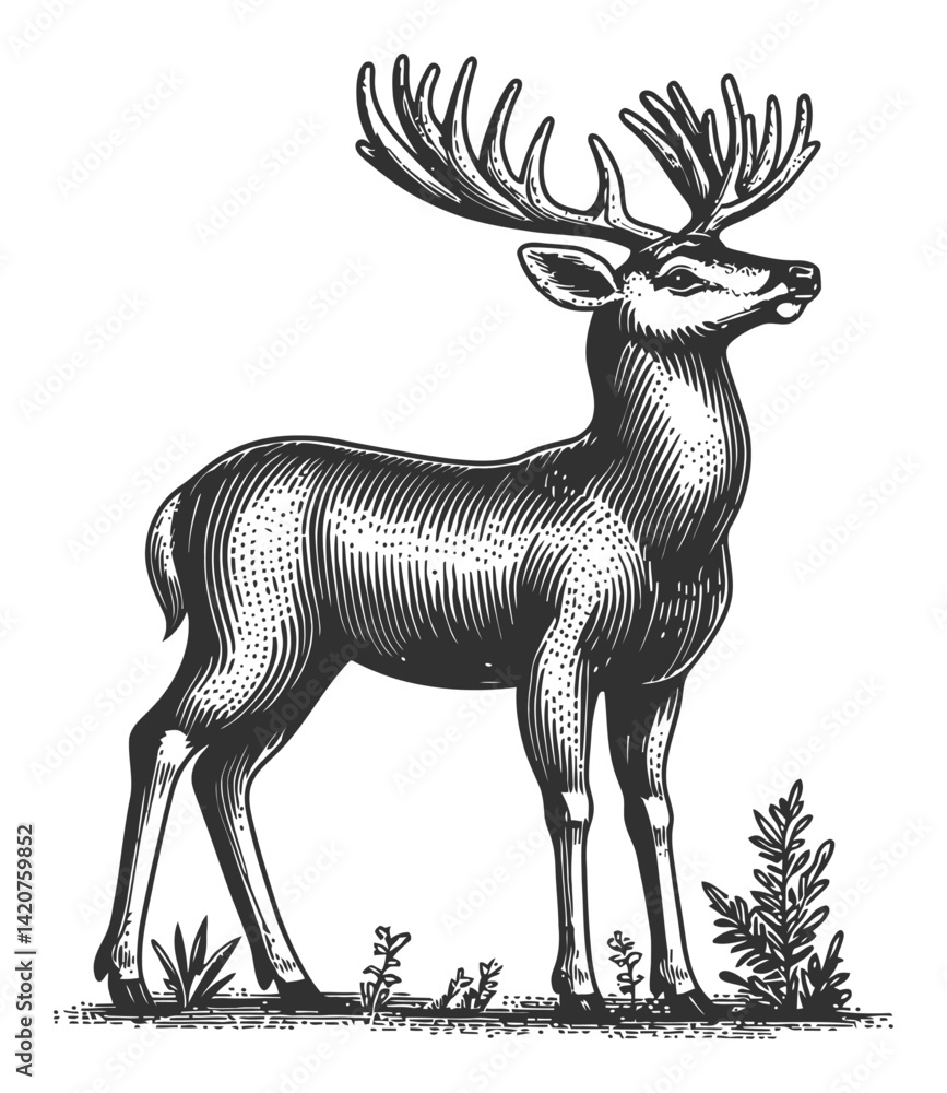 Fototapeta premium Detailed Hand-Drawn Engraving of a Majestic Stag with Antlers