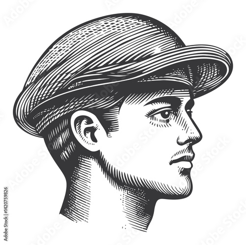 Hand-Drawn Vintage Engraving of a Man Wearing a Cap in Profile View