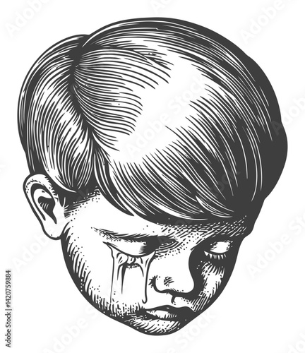 Hand-Drawn Engraving of Sad Boy with Tears Streaming Down Face