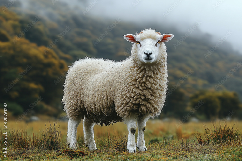 Fototapeta premium A sheep standing in a mountainous landscape