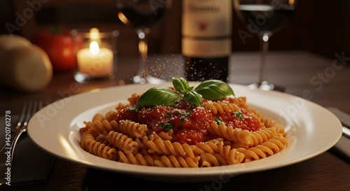 Elegant Fusilli Pasta Dish with Tomato Sauce and Wine Served Candlelight
