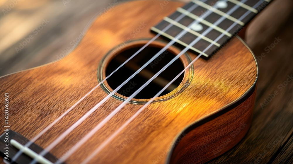 A traditional ukulele with nylon strings, close-up on the fretboard and soundhole, natural wood texture. A traditional ukulele with nylon strings, close-up on the fretboard and soundhole, natural wood texture.