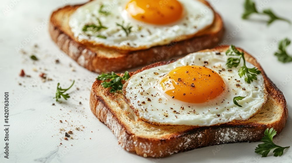 A creative presentation of fried eggs on toast, perhaps cut into shapes or arranged in an artistic way, clean white surface. A creative presentation of fried eggs on toast, perhaps cut into shapes or arranged in an artistic way, clean white surface.
