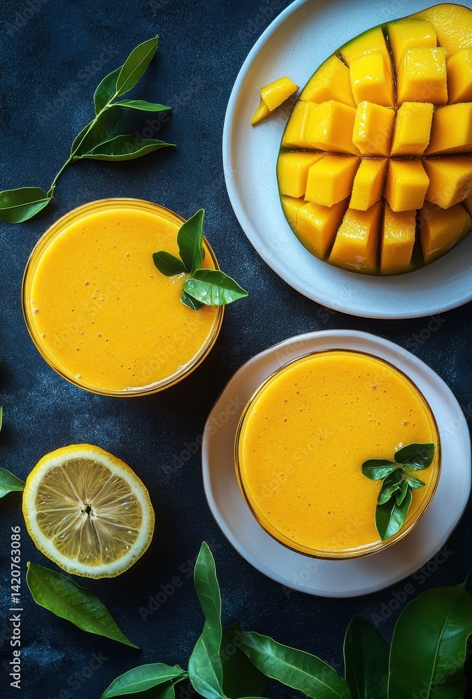 Refreshing Mango Lemon Smoothie Bowls on Dark Background with Fresh Mango, Lemon Slices, and Green Leaves for Healthy Eating Lifestyle Refreshing Mango Lemon Smoothie Bowls on Dark Background with Fresh Mango, Lemon Slices, and Green Leaves for Healthy Eating Lifestyle
