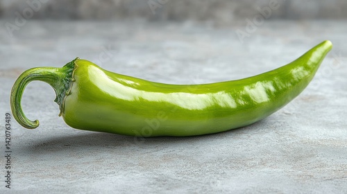 A single, long green serrano pepper, with a smooth skin and slight curve, isolated on a white surface, minimalist style.