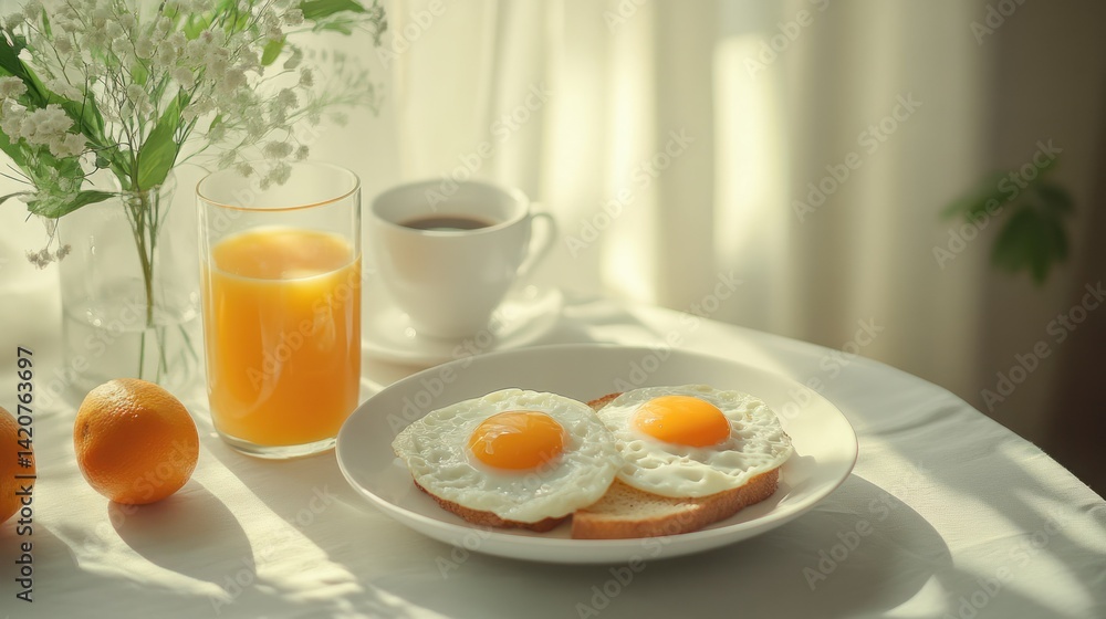 A breakfast scene with a plate of fried eggs on toast, a glass of orange juice, and a cup of coffee, clean white tabletop.,realistic photos clean background 