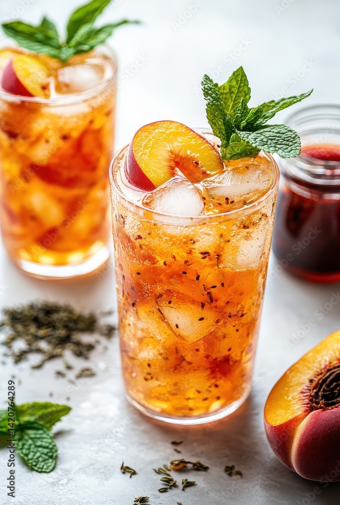 Refreshing Summer Beverage with Fresh Peaches, Mint Leaves, and Iced Tea Blended with Natural Sweetness in a Glass Jar Setting Refreshing Summer Beverage with Fresh Peaches, Mint Leaves, and Iced Tea Blended with Natural Sweetness in a Glass Jar Setting