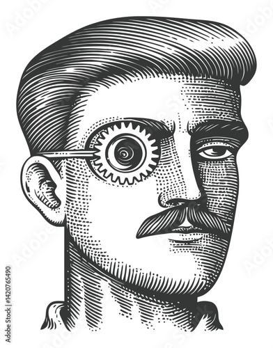 Vintage Engraving Portrait of Man with Gear Eye Illustration