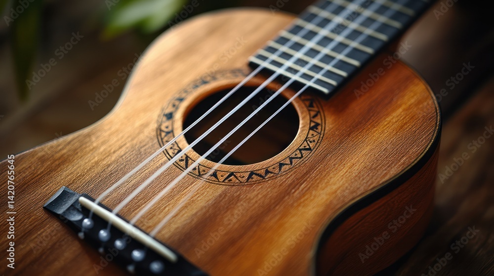 A traditional ukulele with nylon strings, close-up on the fretboard and soundhole, natural wood texture. A traditional ukulele with nylon strings, close-up on the fretboard and soundhole, natural wood texture.