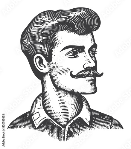 Hand-Drawn Engraving of a Stylish Gentleman with Mustache and Hair