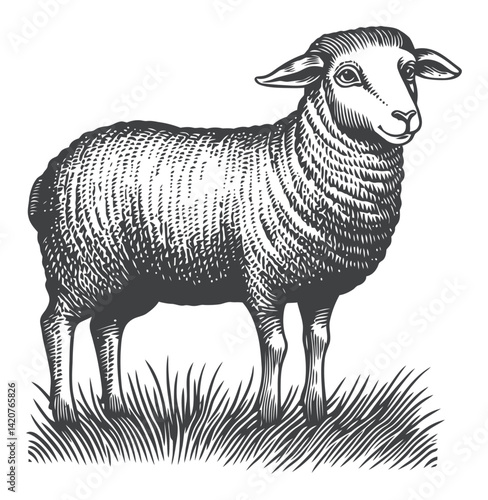 Detailed Hand-Drawn Engraving Illustration of a Sheep in Grass