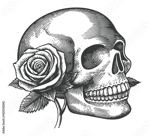 Detailed Hand-Drawn Engraving of Skull with Rose Illustration