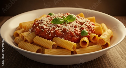 Delicious rigatoni pasta with savory tomato sauce and basil garnish displayed