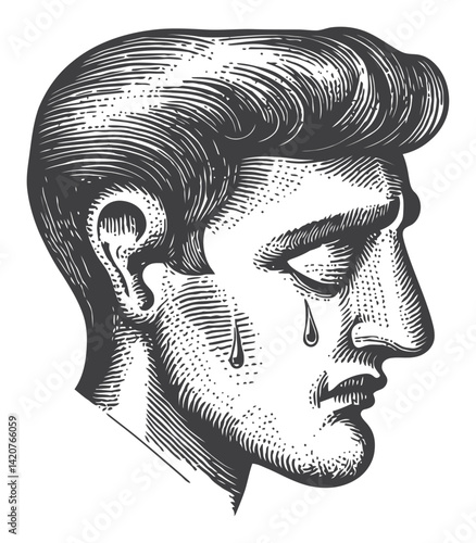 Hand-Drawn Engraving of a Sad Masculine Face with Tears