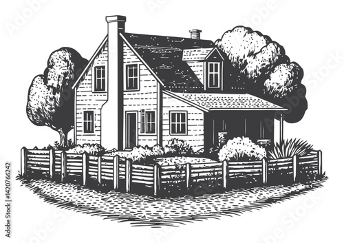 Detailed Hand Drawn Engraving of a Charming Country House and Garden