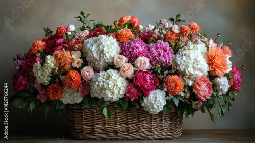 Wallpaper Mural A large and impressive flower basket with a variety of seasonal blooms, including hydrangeas, peonies, and dahlias, arranged in layers, a sturdy base. Torontodigital.ca