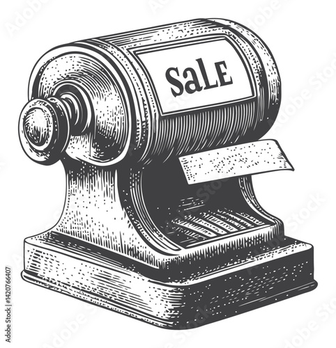 Vintage Hand Drawn Engraving of a Sale Price Tag Machine