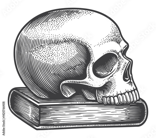 Detailed Hand-Drawn Engraving of a Skull on a Book Base
