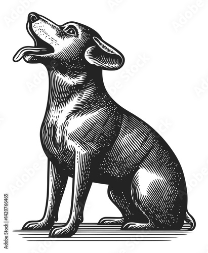 Detailed Hand-Drawn Engraving of a Dog Sitting Gracefully