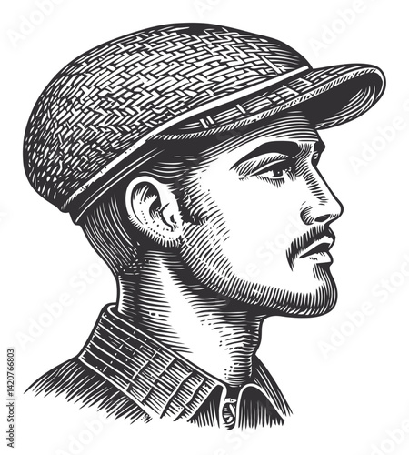 Hand-Drawn Engraving of a Male Figure in Profile with Cap