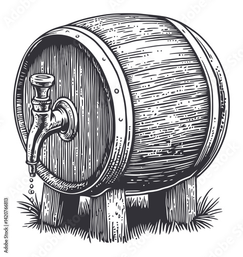 Hand Drawn Engraving of a Wooden Barrel with a Tap and Grass