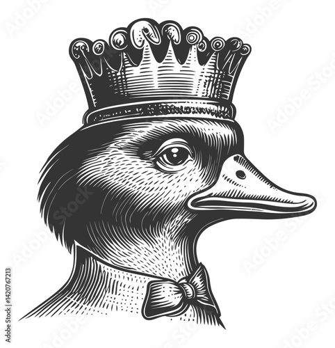 Royal Duck Wearing Crown and Bow Tie in Vintage Engraving Style