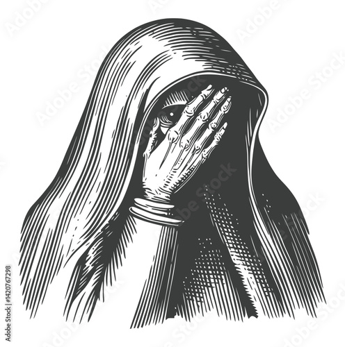 Hand-Drawn Engraving of a Veiled Figure Covering Their Face