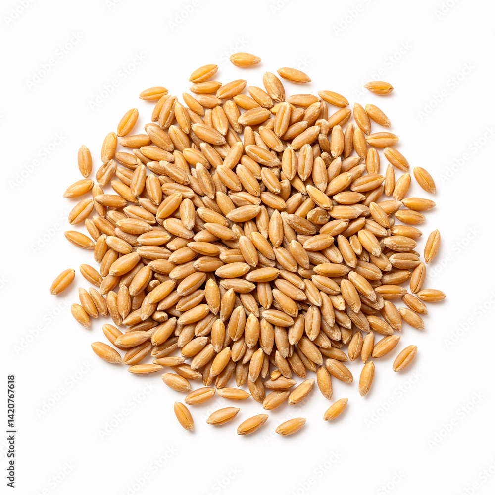 Obraz premium Pile of wheat grains isolated on white background. Top view.