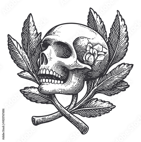 Vintage Hand-Drawn Skull Engraving with Leaves and Flower Design