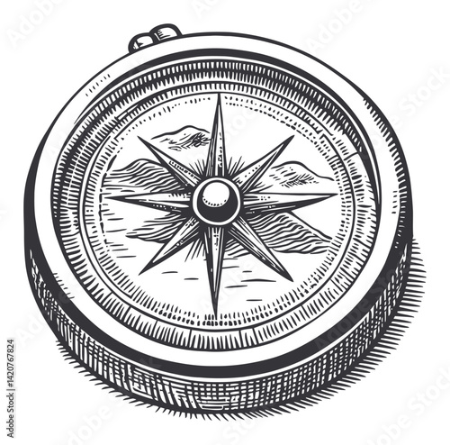 Vintage Hand-Drawn Compass Illustration in Engraving Style