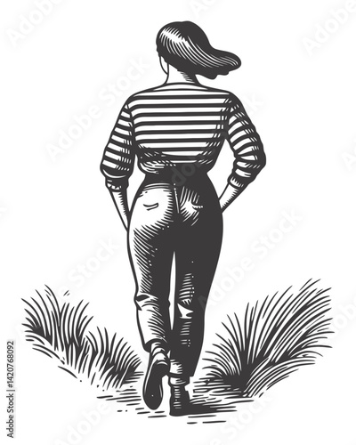 Hand-Drawn Engraving of Woman Walking in Striped Sweater and Pants