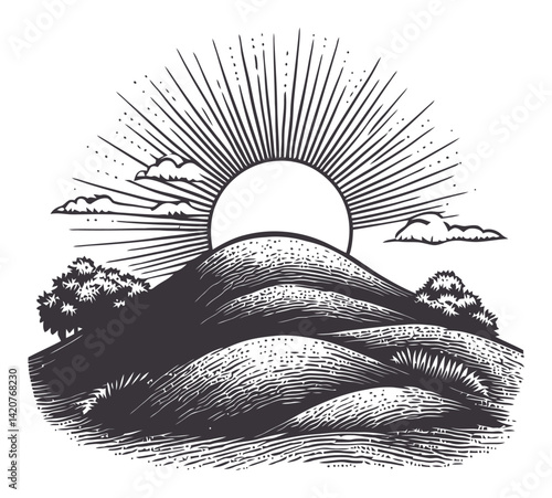 Hand-Drawn Engraving of Hills with Sun Rays and Clouds