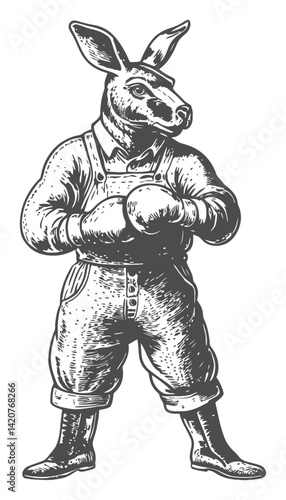 Vintage Rabbit Boxing Illustration in Hand-Drawn Engraving Style