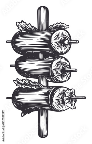 Hand Drawn Engraving of Grilled Vegetable Skewers Illustration