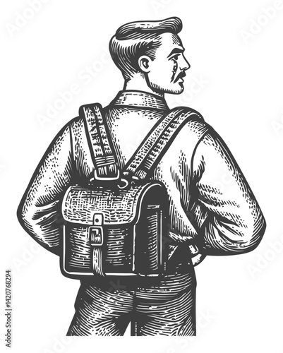 Hand Drawn Engraving of Man with Backpack in Vintage Style