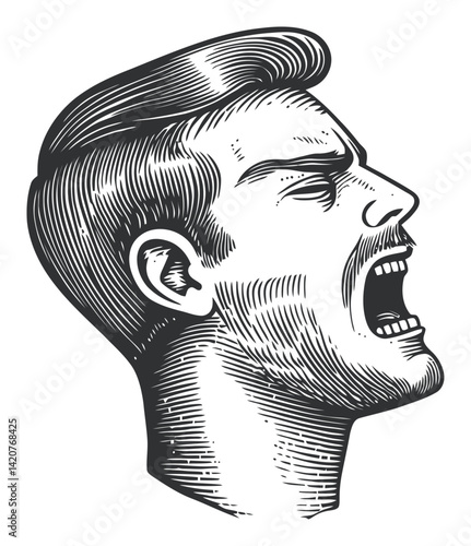 Hand Drawn Engraving of a Man Yelling in Profile View