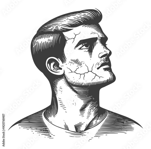 Hand-Drawn Illustration of a Thinking Man with Cracked Skin Detail
