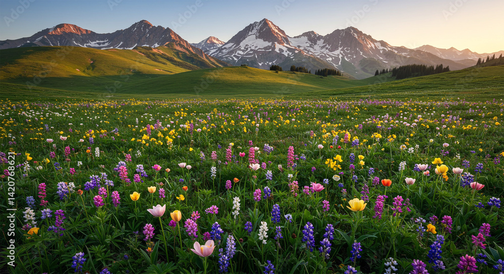 Springtime in the mountains, a vast field of blooming wildflowers in full color against rolling hills and snow-dusted peaks Springtime in the mountains, a vast field of blooming wildflowers in full color against rolling hills and snow-dusted peaks