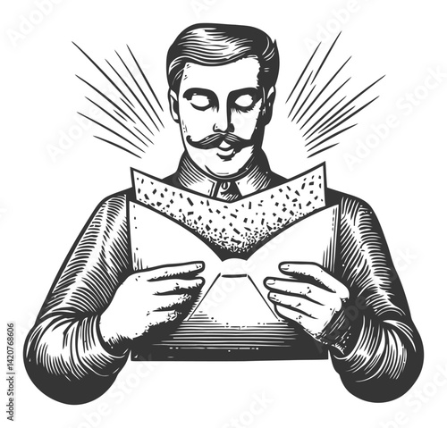 Vintage Hand-Drawn Engraving of a Man Reading an Envelope