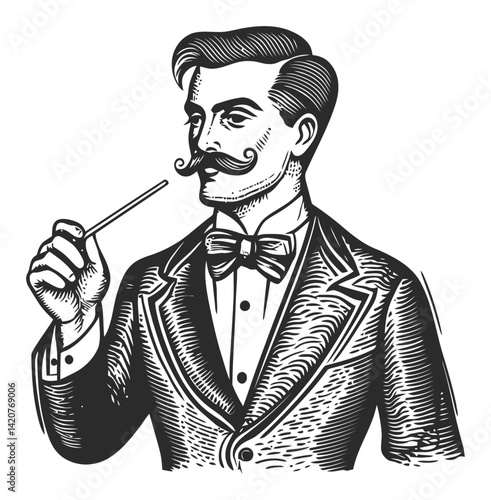 Vintage Hand-Drawn Engraving of a Dapper Man with Mustache