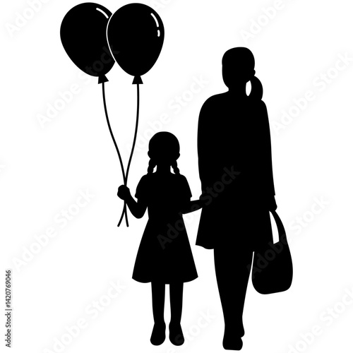 女性と子供　買い物帰りの人たちのシルエットイラスト