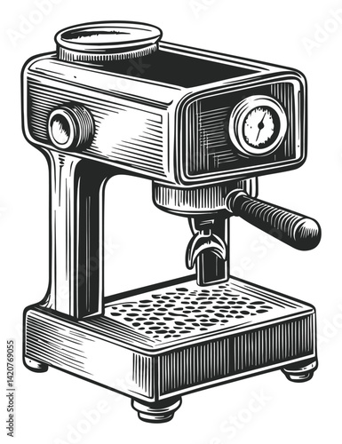 Vintage Hand-Drawn Engraving of Classic Espresso Machine Design