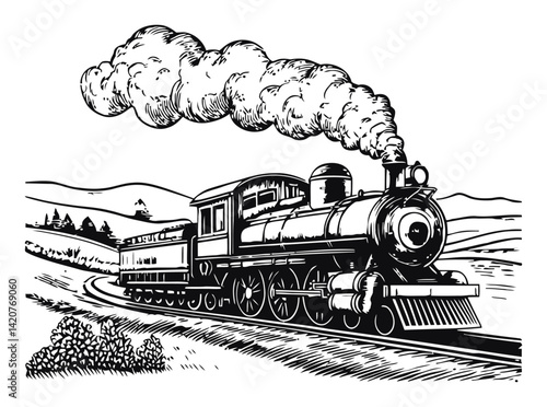 Vintage Hand Drawn Engraving of Classic Steam Train in Landscape