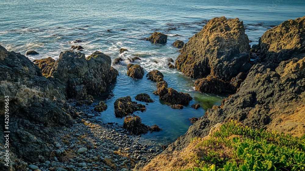 Fototapeta premium Seascape with rocks, algae, plants, pebbles, and blue-green water, clear ocean