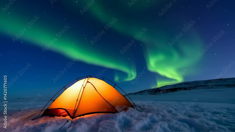 Camping under the Aurora Borealis in a snowy landscape, a tent glows warmly against the backdrop of the northern lights and starry sky.