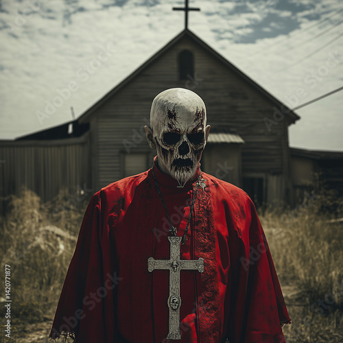 Zombie Priest With Skull Face In Abandoned Church