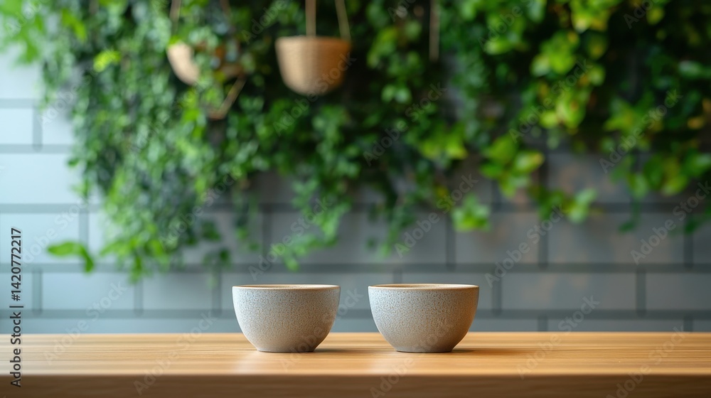 Two minimalist bowls on wooden table with lush green background Two minimalist bowls on wooden table with lush green background