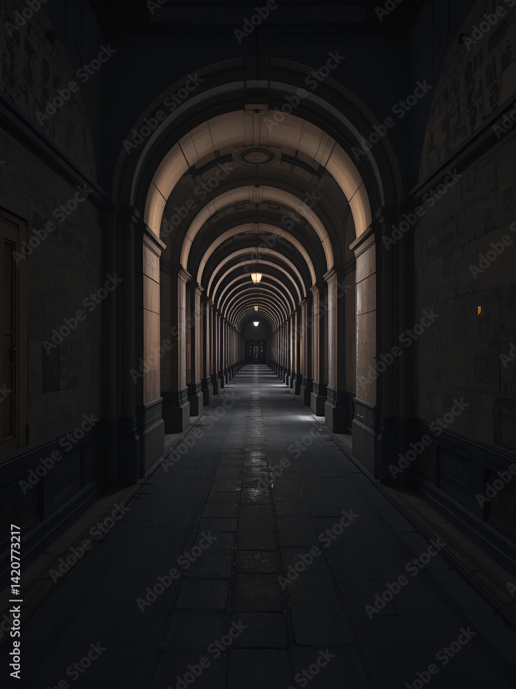 The image is a long, dark hallway with multiple archways along the sides The image is a long, dark hallway with multiple archways along the sides