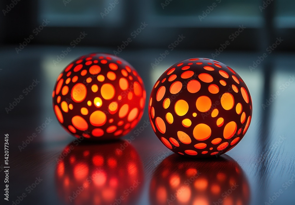 Fototapeta premium Vibrant Red Decorative Spheres with Unique Patterns Illuminating a Surface in a Soft Natural Light Setting