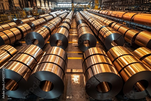 Rolls of steel and non-ferrous metals like copper arranged in a factory, with industrial lighting casting reflections on their surfaces, highlighting their industrial beauty